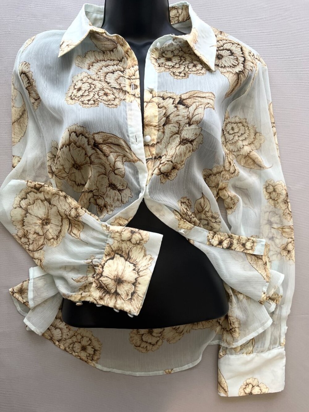 Zara Sheer Floral Button Front Blouse Large Romantic Boho Light Blue